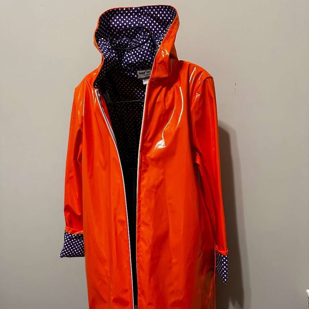 CLEMSON Women's Reversible Rain Coat - Size S - Orange and Purple w white dots
